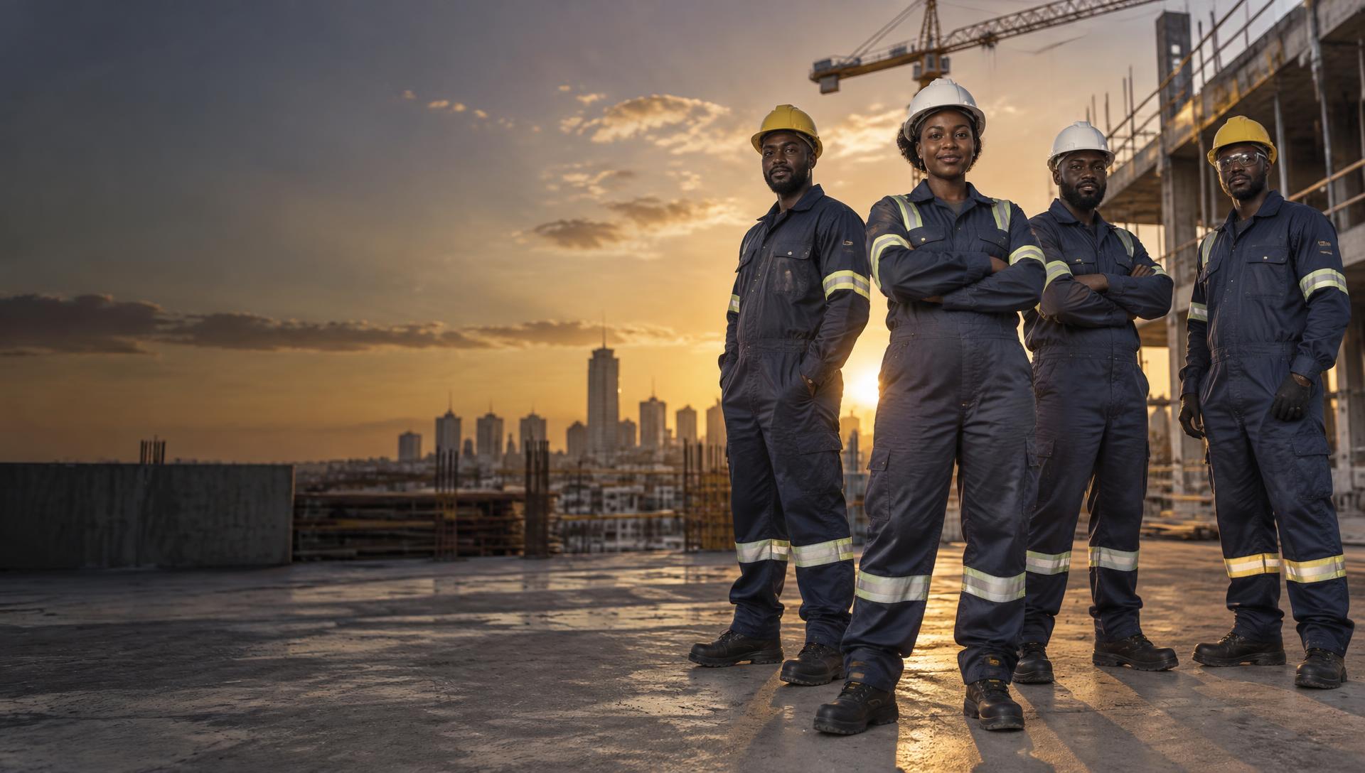 South African crew in navy conti suits and hard hats on a Joburg building site